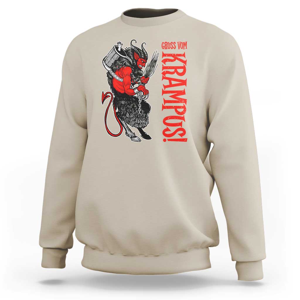 Beige crewneck sweatshirt with red-and-black Krampus graphic and vertical text