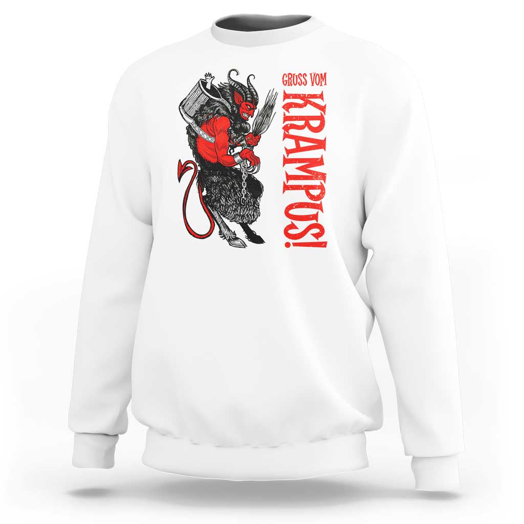 White crewneck sweatshirt with red-and-black Krampus graphic and vertical text