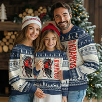 Navy and cream ugly Christmas sweater with Krampus graphic and tree fair isle pattern