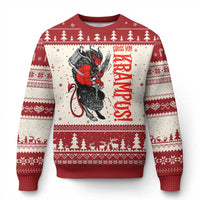 Red and cream ugly Christmas sweater with cartoon Krampus graphic and snowflake trim