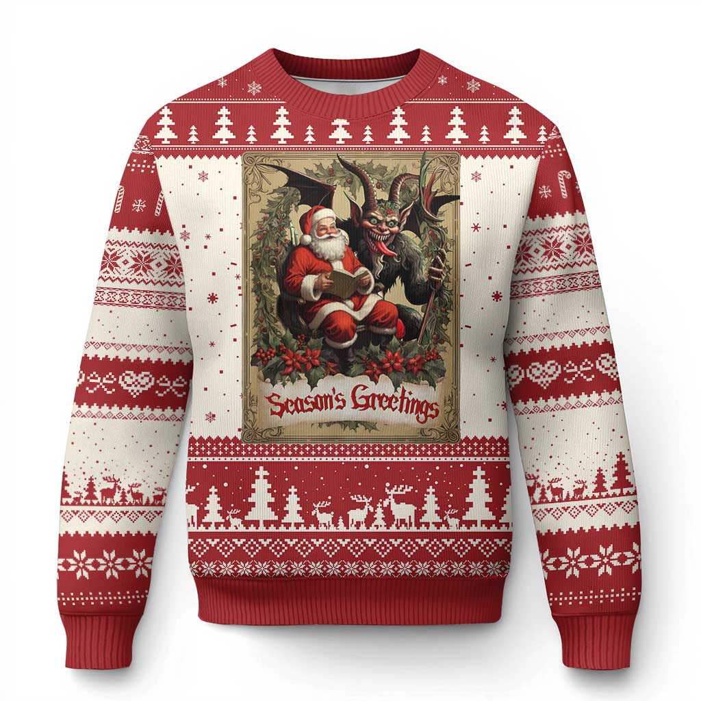 Ugly Christmas sweater with red-and-cream knit, Krampus Santa graphic, 'Seasons Greetings'.