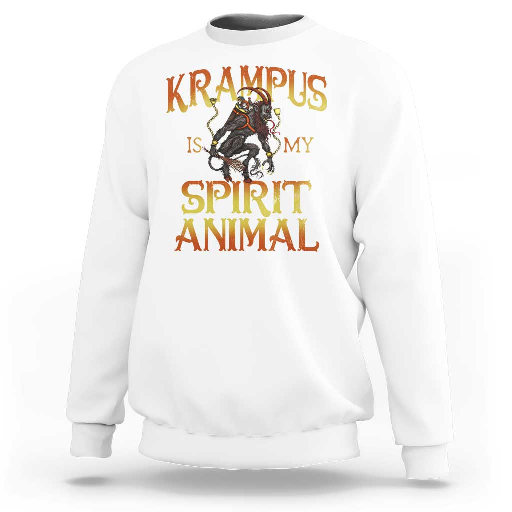 White crewneck sweatshirt with Krampus “Spirit Animal” graphic