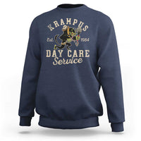 Krampus day care service sweatshirt with back graphic, navy blue