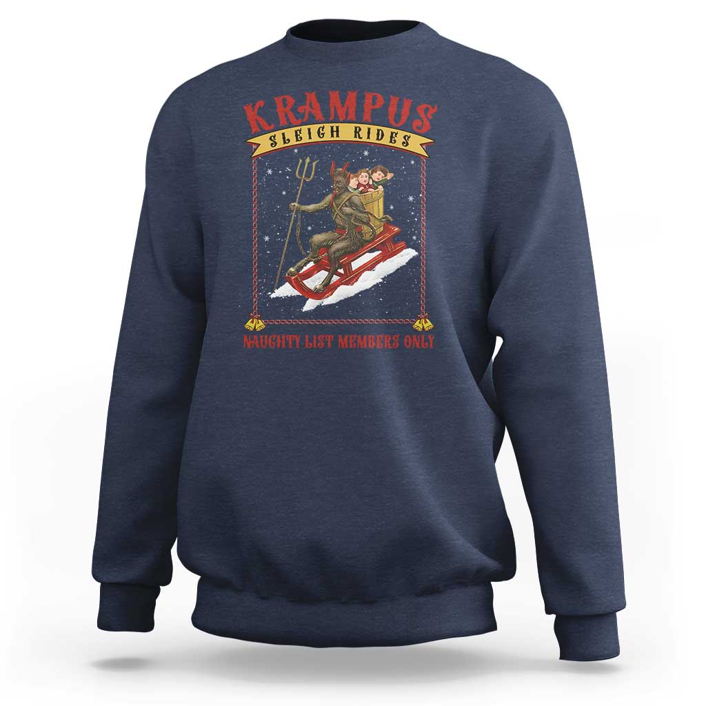 Royal blue graphic sweatshirt with Krampus sleigh-ride print, 'Naughty List Members Only'.