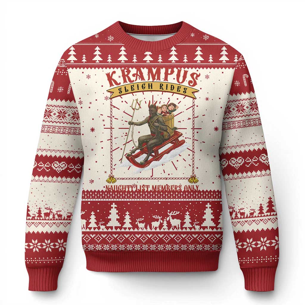 Red and white ugly Christmas sweater with Krampus sleigh rides graphic, trees, snowflake cuffs