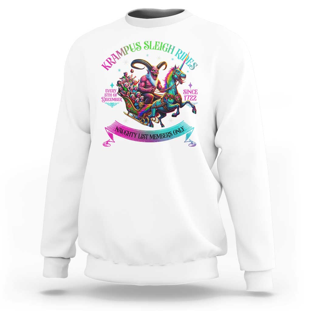 White sweatshirt with colorful Krampus sleigh ride graphic, crewneck long sleeves