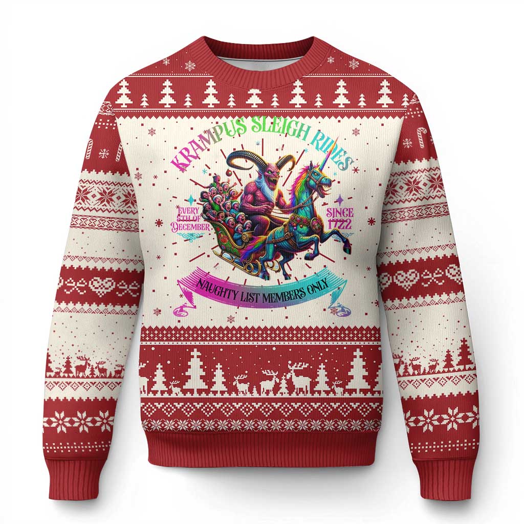 Red and white crewneck ugly Christmas sweater with Krampus sleigh graphic and knit patterns