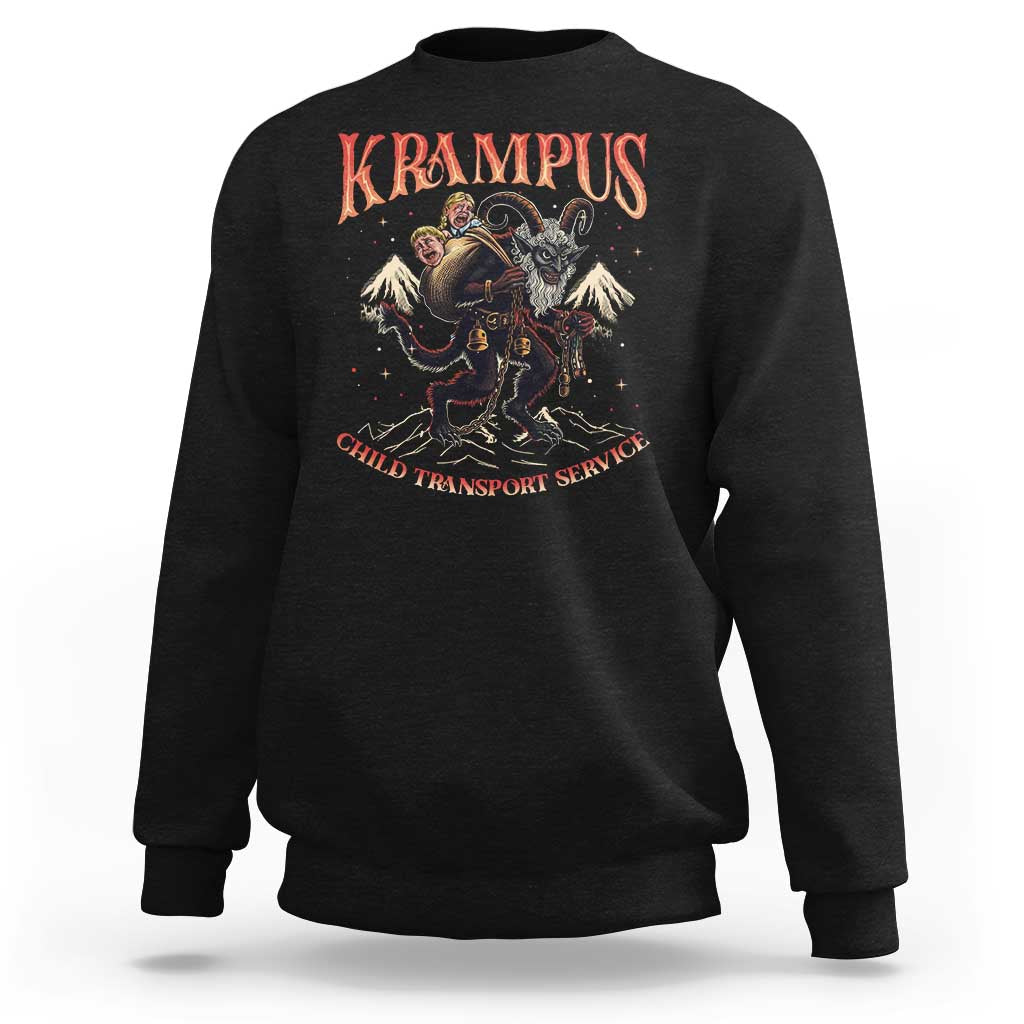 Black kids' Krampus sweatshirt with monster graphic and 'Child Transport Service' text.