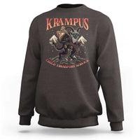 Dark chocolate kids' Krampus sweatshirt with monster graphic and 'Child Transport Service' text.