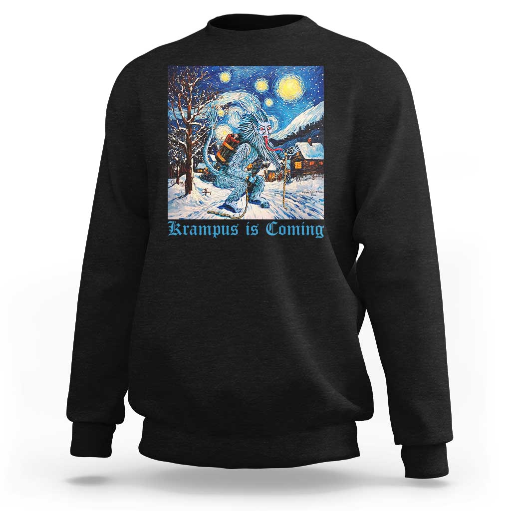 Black crewneck sweatshirt with front winter graphic of Krampus under a starry night