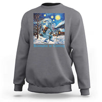 Charcoal crewneck sweatshirt with front winter graphic of Krampus under a starry night