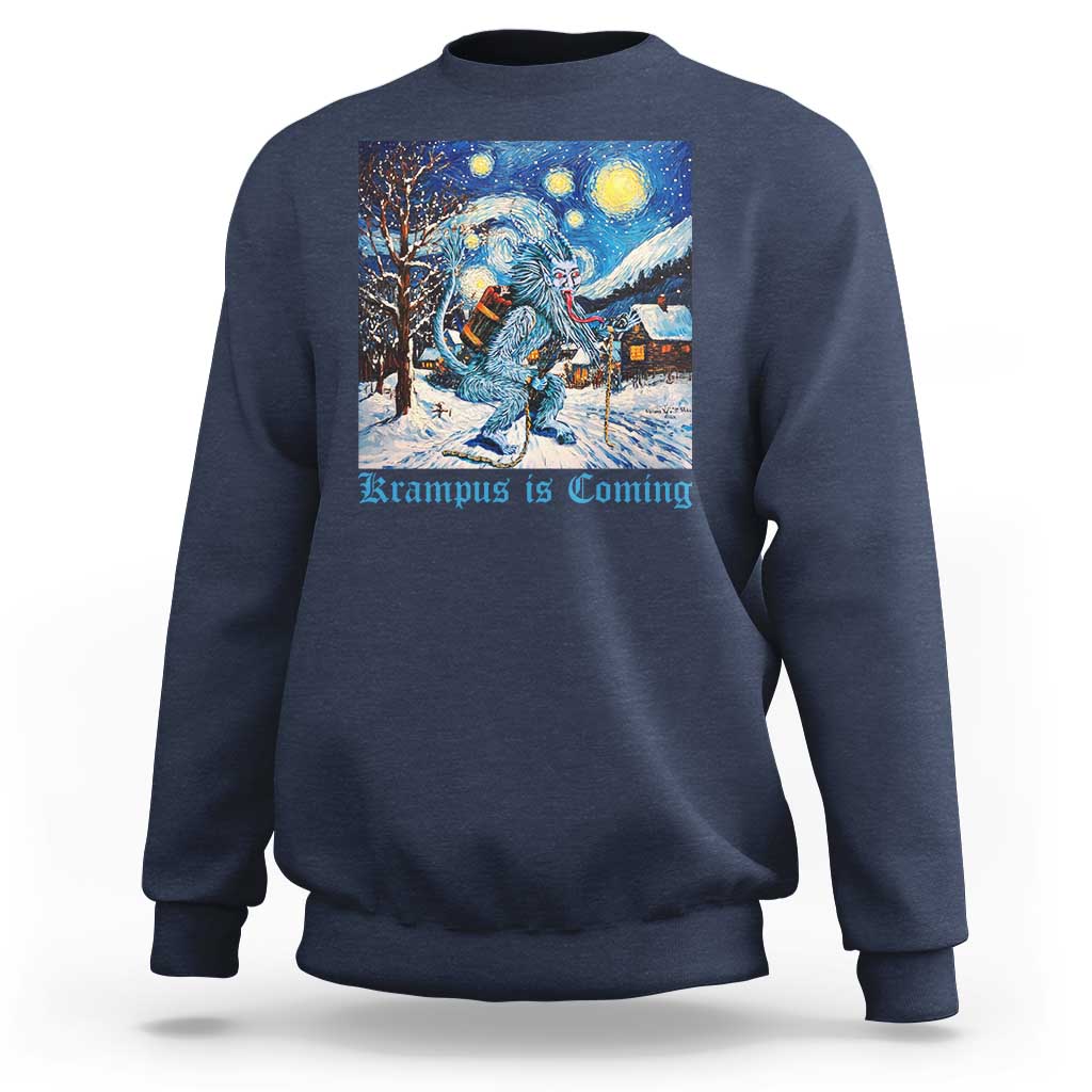 Navy crewneck sweatshirt with front winter graphic of Krampus under a starry night