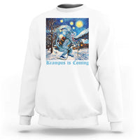 White crewneck sweatshirt with front winter graphic of Krampus under a starry night