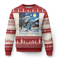 Red ugly Christmas sweater with snowy starry night graphic and festive border patterns