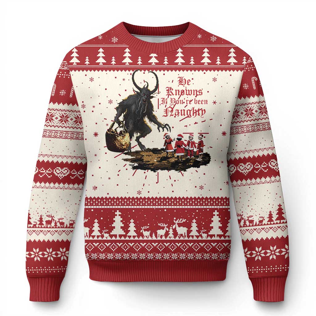 Red and cream Christmas sweater with Krampus graphic and holiday knit border