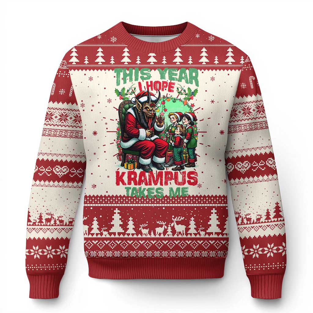 Red crewneck Christmas sweater with Krampus graphic, trees, and fair isle pattern