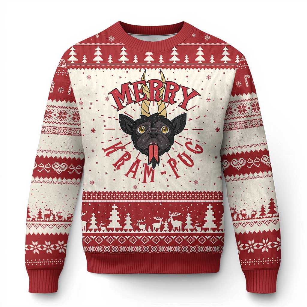 Red and cream ugly Christmas sweater with pug face graphic and festive pattern