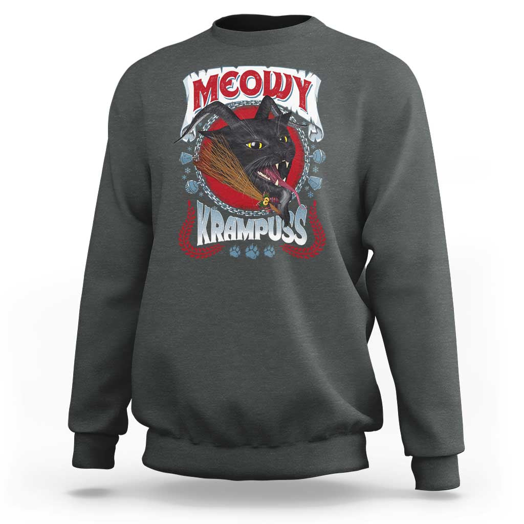 Dark heather sweatshirt with Krampus cat graphic on chest, crew neck, long sleeves