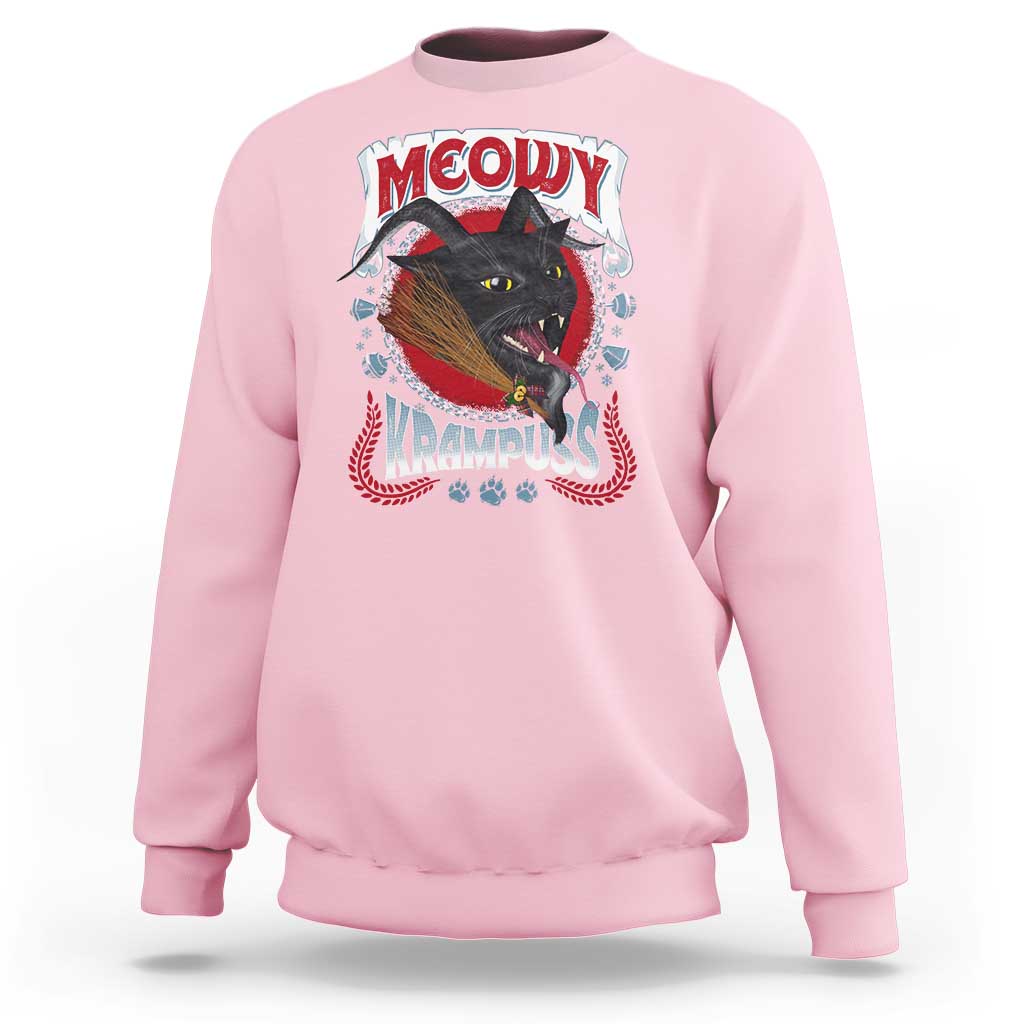 Light pink sweatshirt with Krampus cat graphic on chest, crew neck, long sleeves