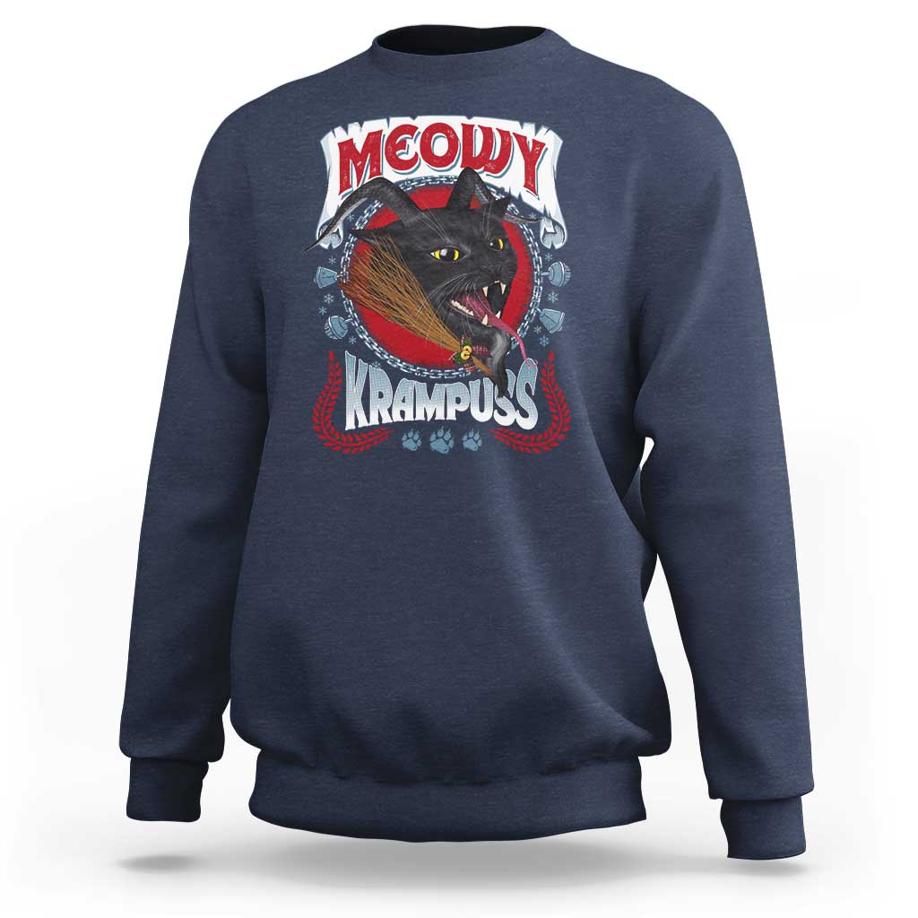 Navy sweatshirt with Krampus cat graphic on chest, crew neck, long sleeves