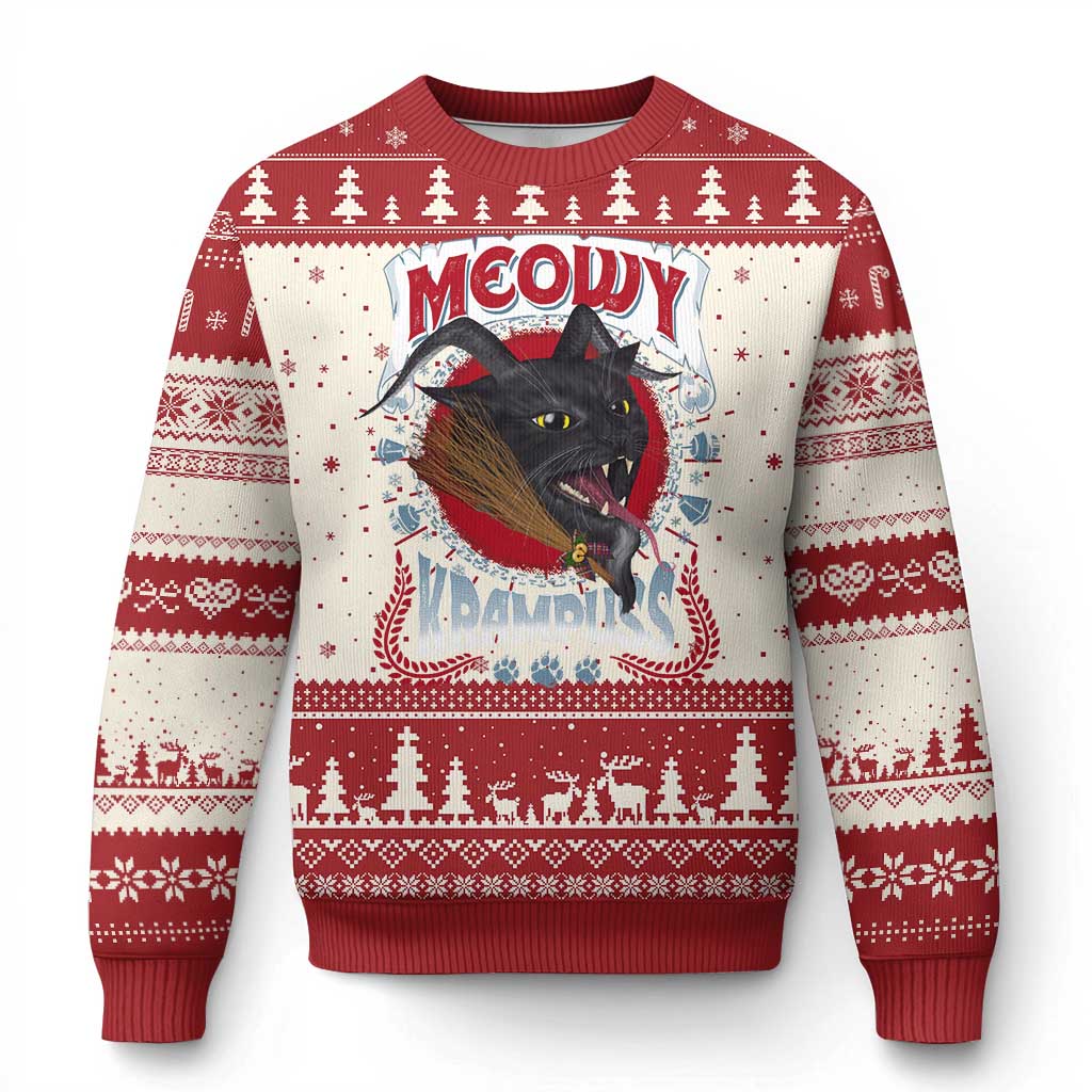 Red and white ugly Christmas sweater with Krampus cat graphic and holiday pattern