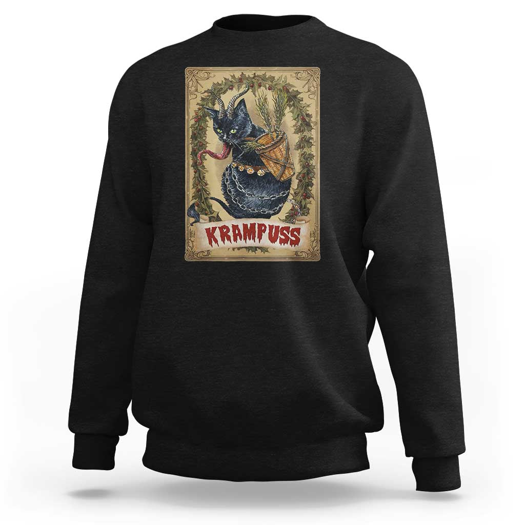 Black crewneck sweatshirt with vintage Krampus cat graphic on the back.