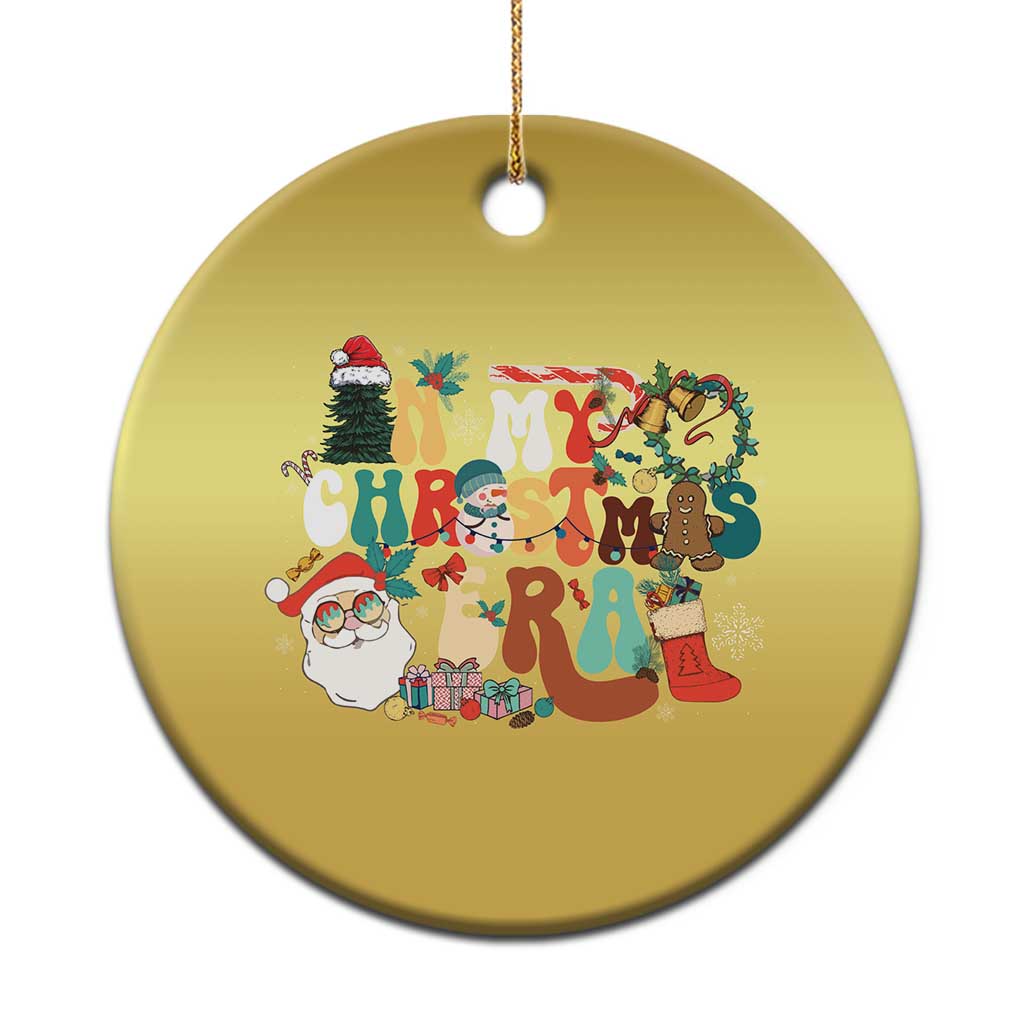 Gold round Christmas ornament with colorful retro 'Christmas' graphic