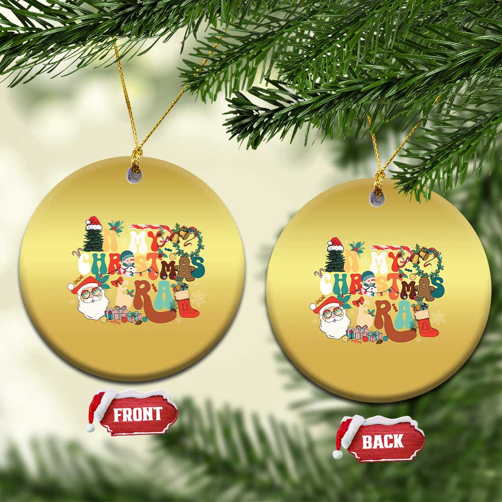 Gold round Christmas ornaments hanging; retro 'Christmas' graphic, front and back