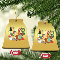 Gold bell-shaped Christmas ornaments; retro 'Christmas' graphic, front and back tags
