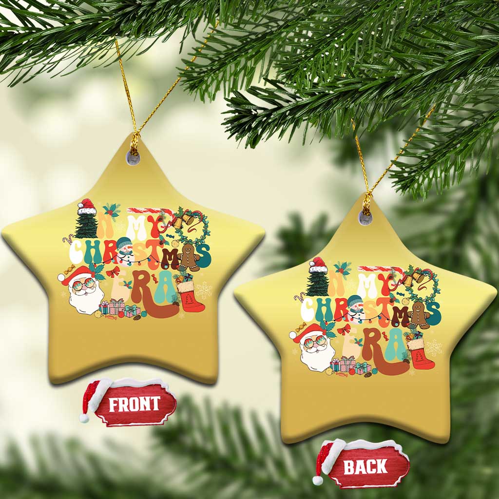Gold star-shaped Christmas ornaments on tree; retro 'Christmas' graphic, front/back