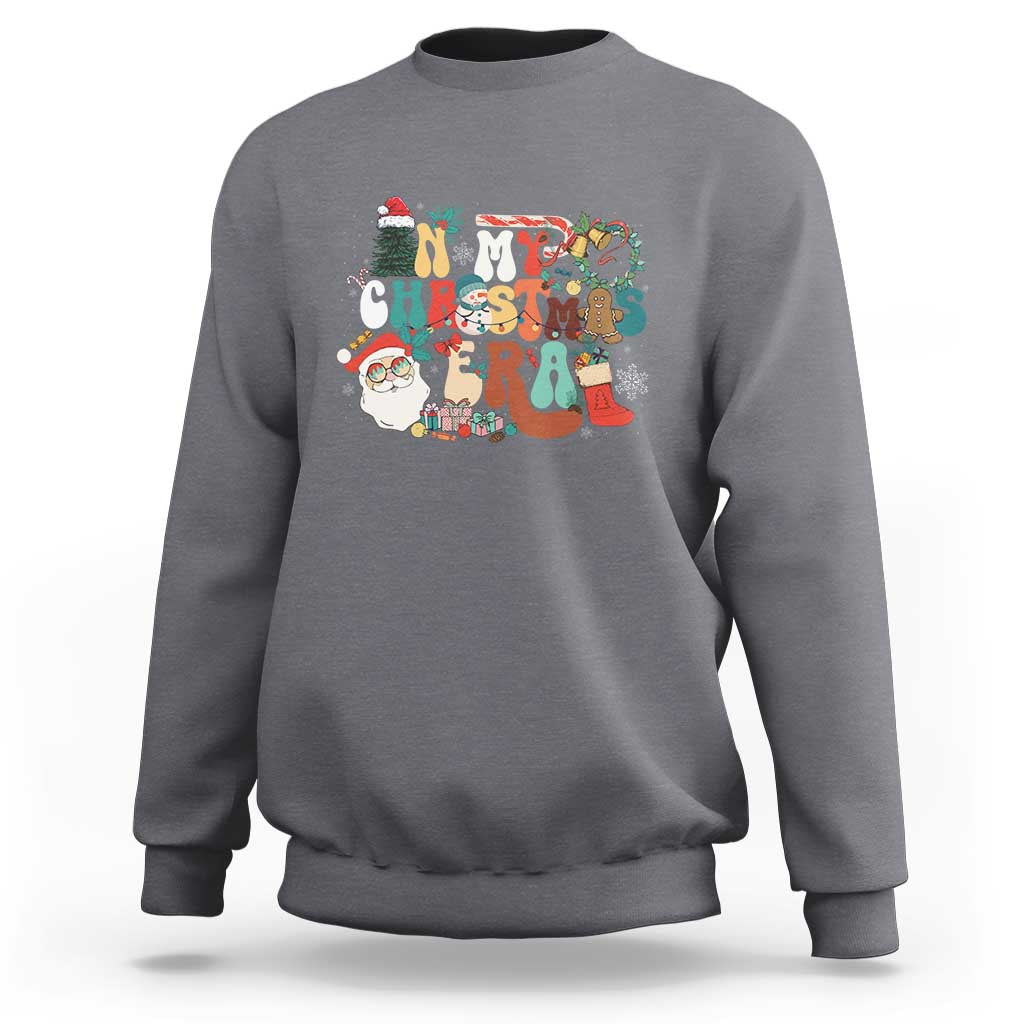 Charcoal gray crewneck sweatshirt with colorful retro Christmas graphic on chest