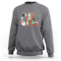 Charcoal gray crewneck sweatshirt with colorful retro Christmas graphic on chest