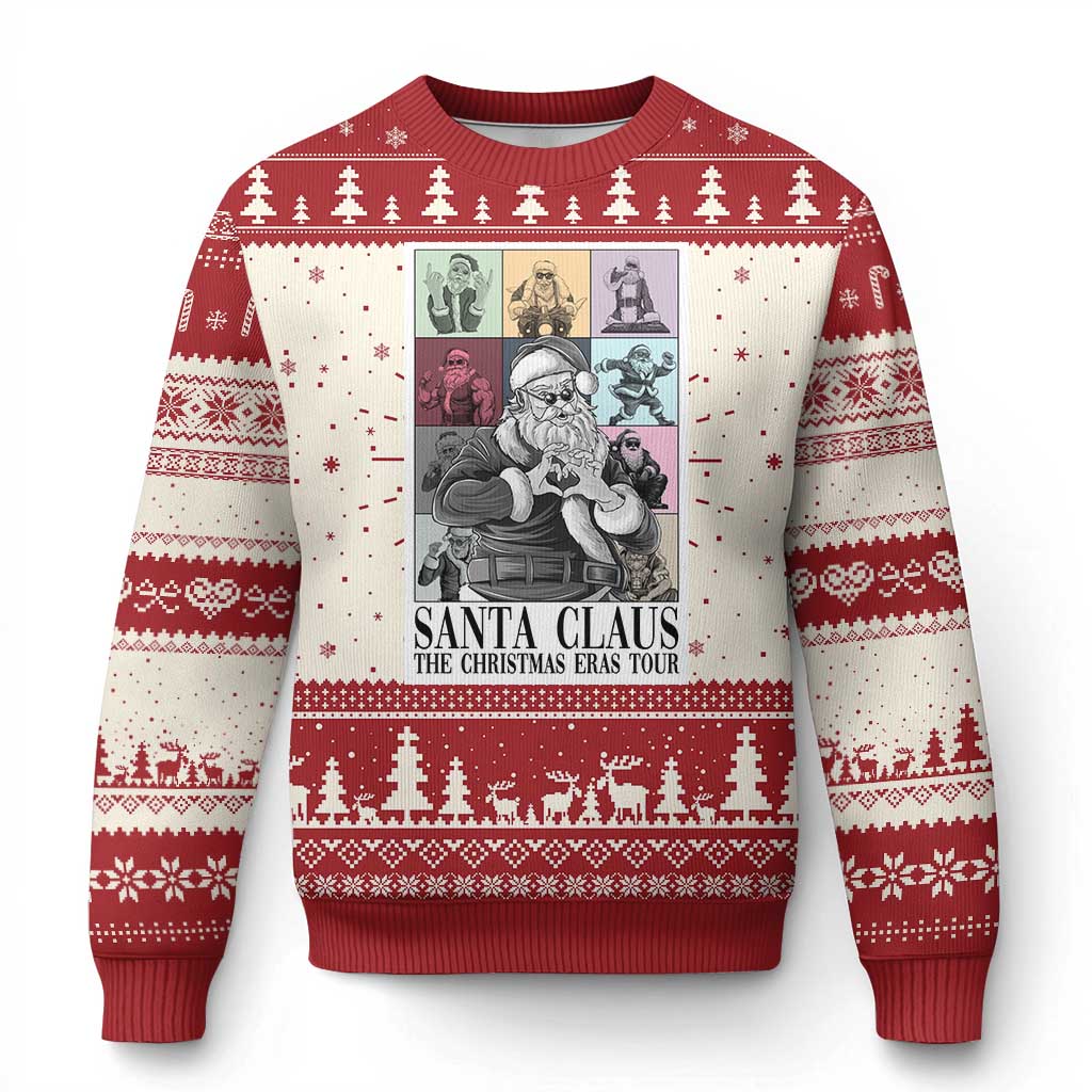 Red and cream Santa Claus ugly Christmas sweater, crewneck with tree pattern and graphic
