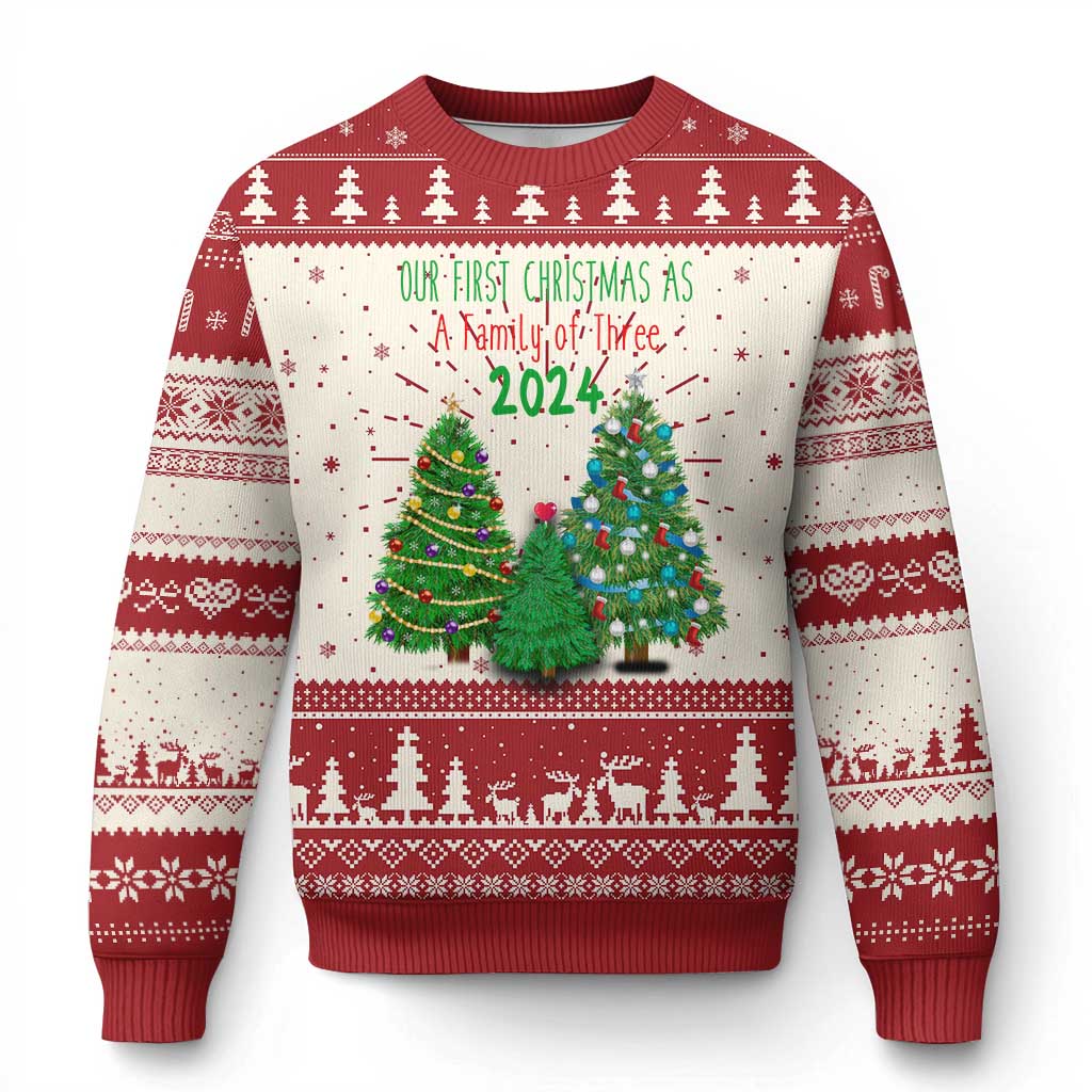 Red crewneck ugly Christmas sweater with tree and 2024 graphic, festive knit pattern
