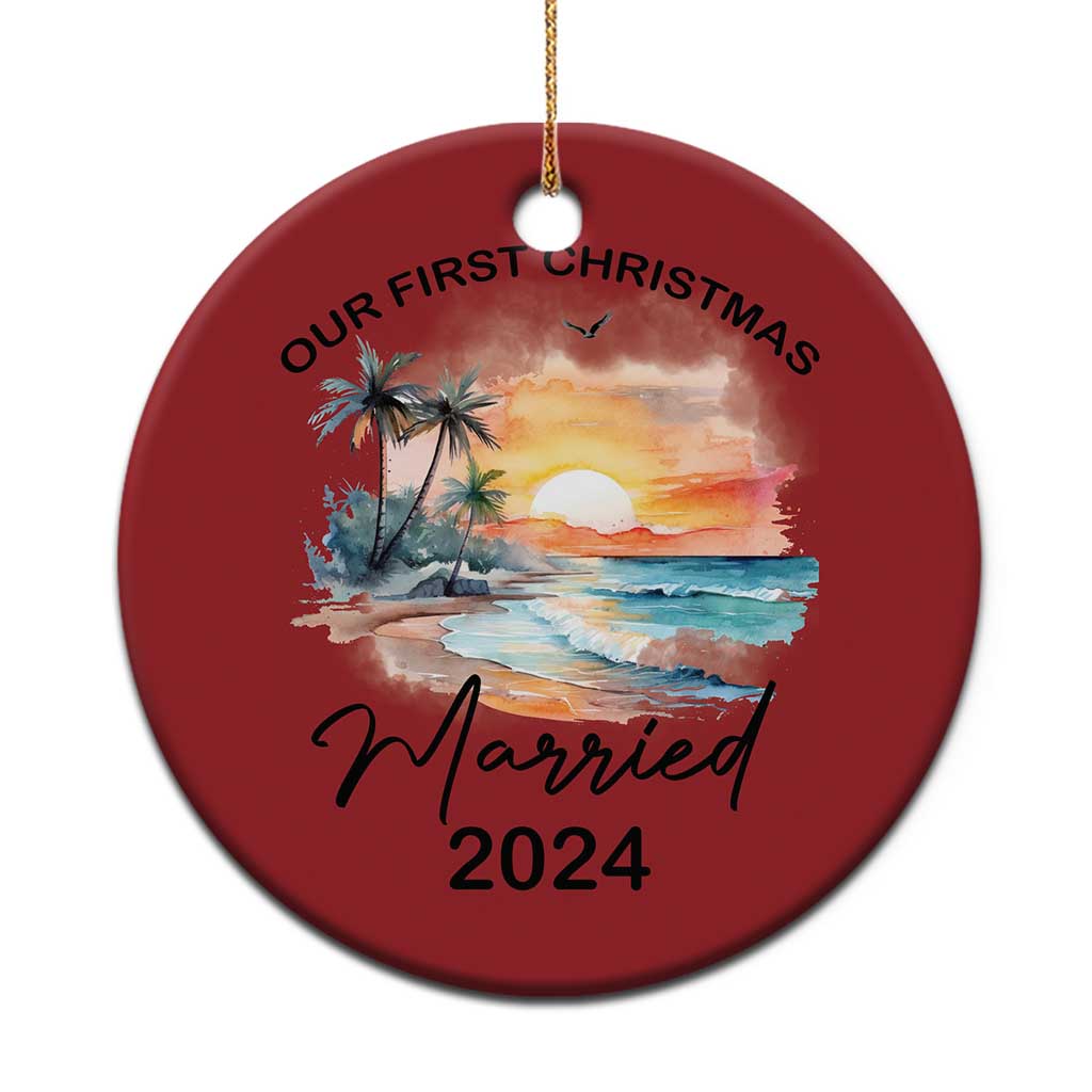 Red round Christmas ornament with “Our First Christmas” and “Married 2024”