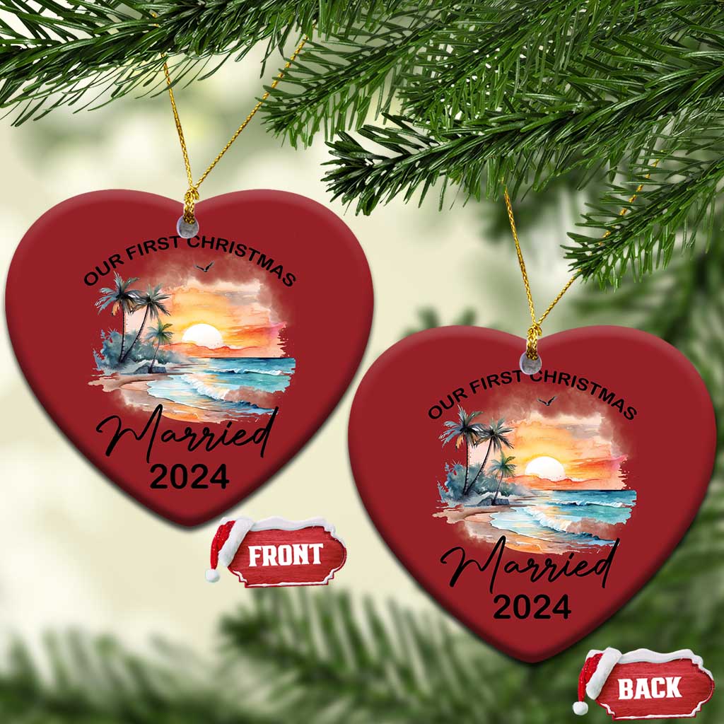 Pair of red heart-shaped Christmas ornaments with “Our First Christmas” and “Married 2024”