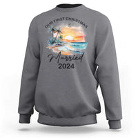Charcoal crewneck sweatshirt with "Married 2024" and palm sunset front print.