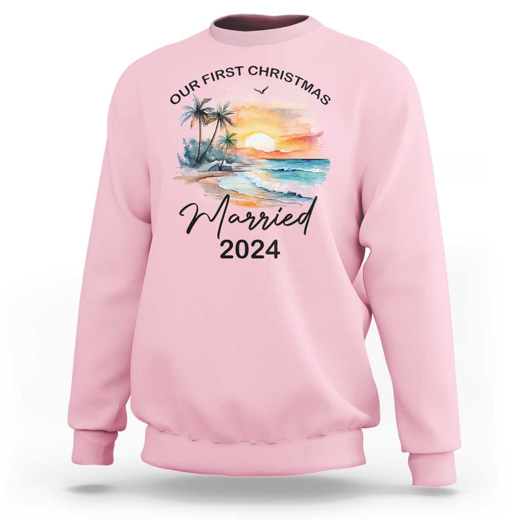 Light pink crewneck sweatshirt with "Married 2024" and palm sunset front print.