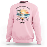 Light pink crewneck sweatshirt with "Married 2024" and palm sunset front print.