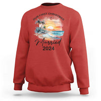 Red crewneck sweatshirt with "Married 2024" and palm sunset front print.