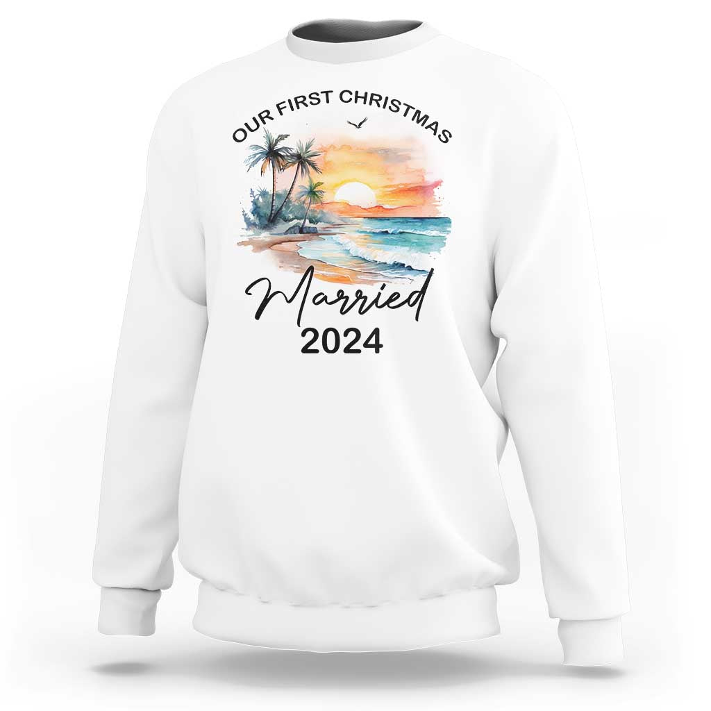 White crewneck sweatshirt with "Married 2024" and palm sunset front print.