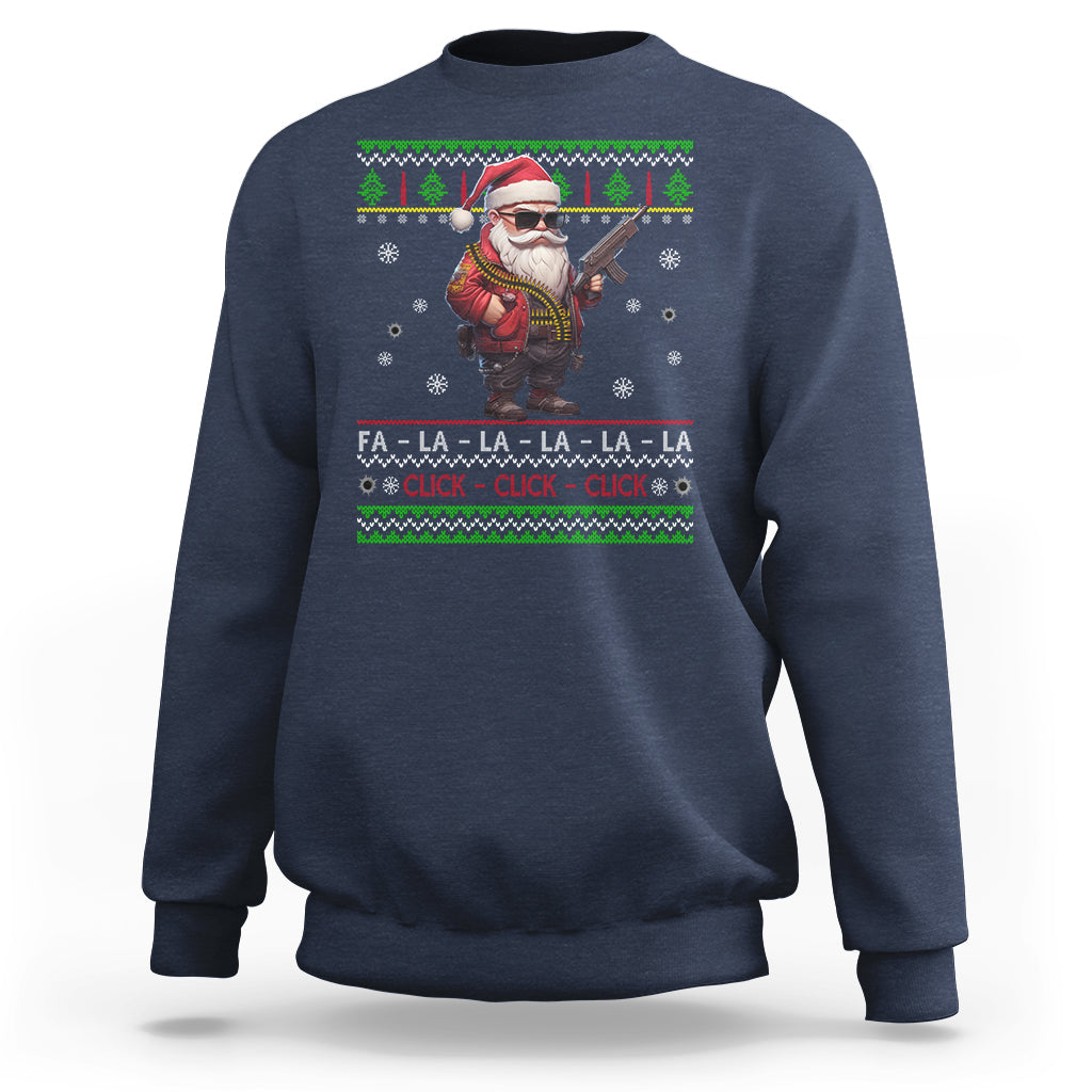 Navy Christmas sweatshirt with Santa holding toy gun and festive text graphic