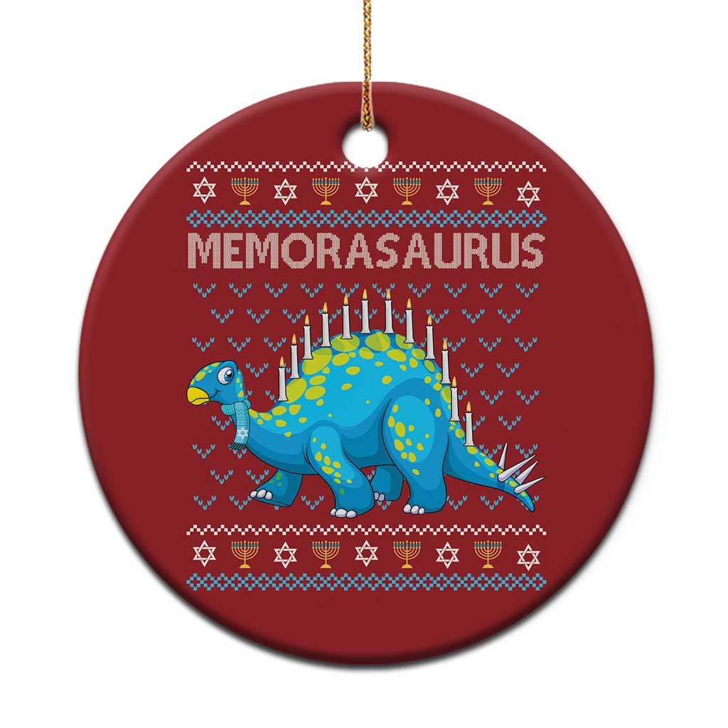 Red round dinosaur Christmas ornament with Menorasaurus and menorah candles design
