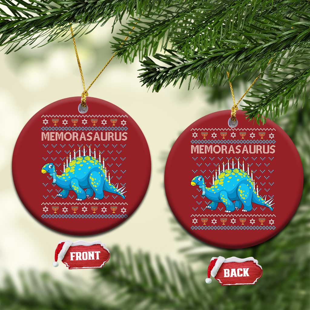Pair of red round dinosaur ornaments with Menorasaurus and menorah candles design
