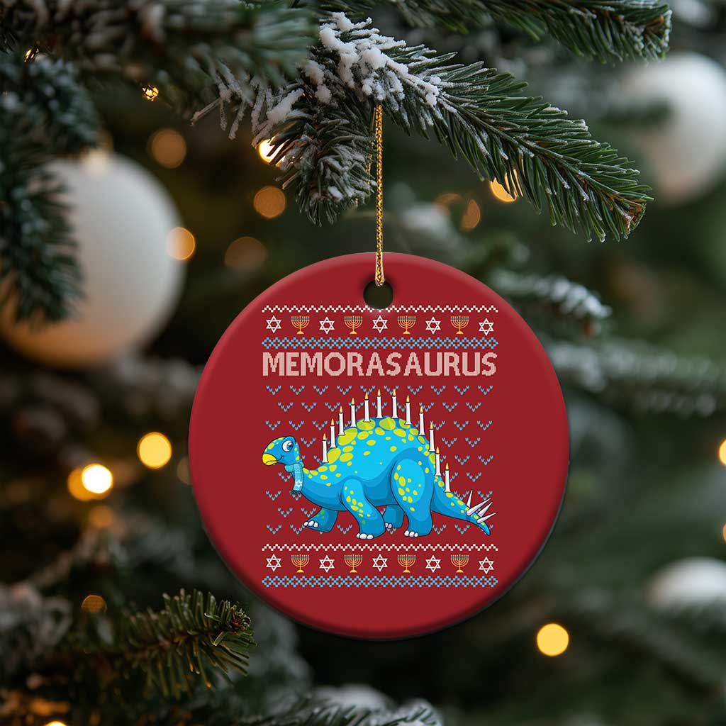 Red round Menorasaurus dinosaur ornament hanging on Christmas tree branches