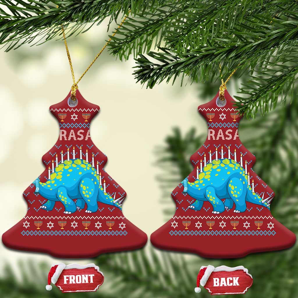Red Christmas tree-shaped Menorasaurus dinosaur ornament with menorah candles