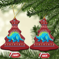 Red Christmas tree-shaped Menorasaurus dinosaur ornament with menorah candles