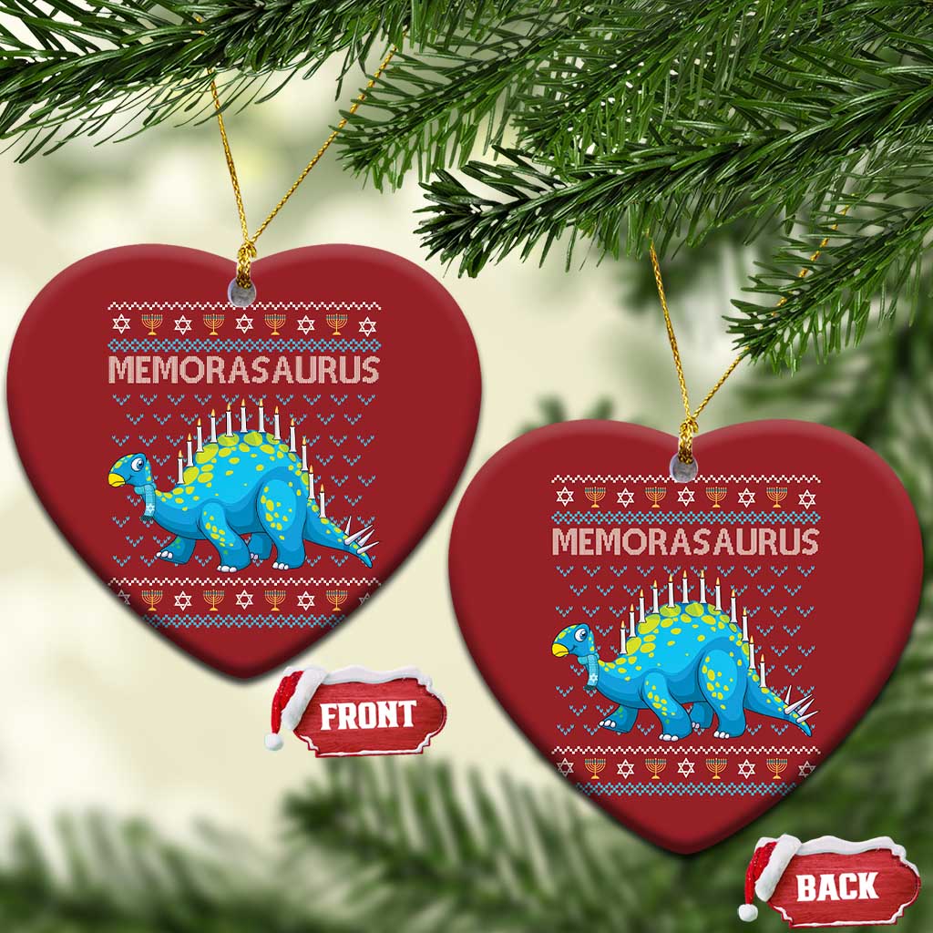 Red heart-shaped Menorasaurus dinosaur ornament with menorah candles and winter pattern