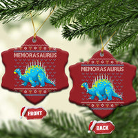 Red shield-shaped Menorasaurus dinosaur ornament with menorah candles and festive pattern
