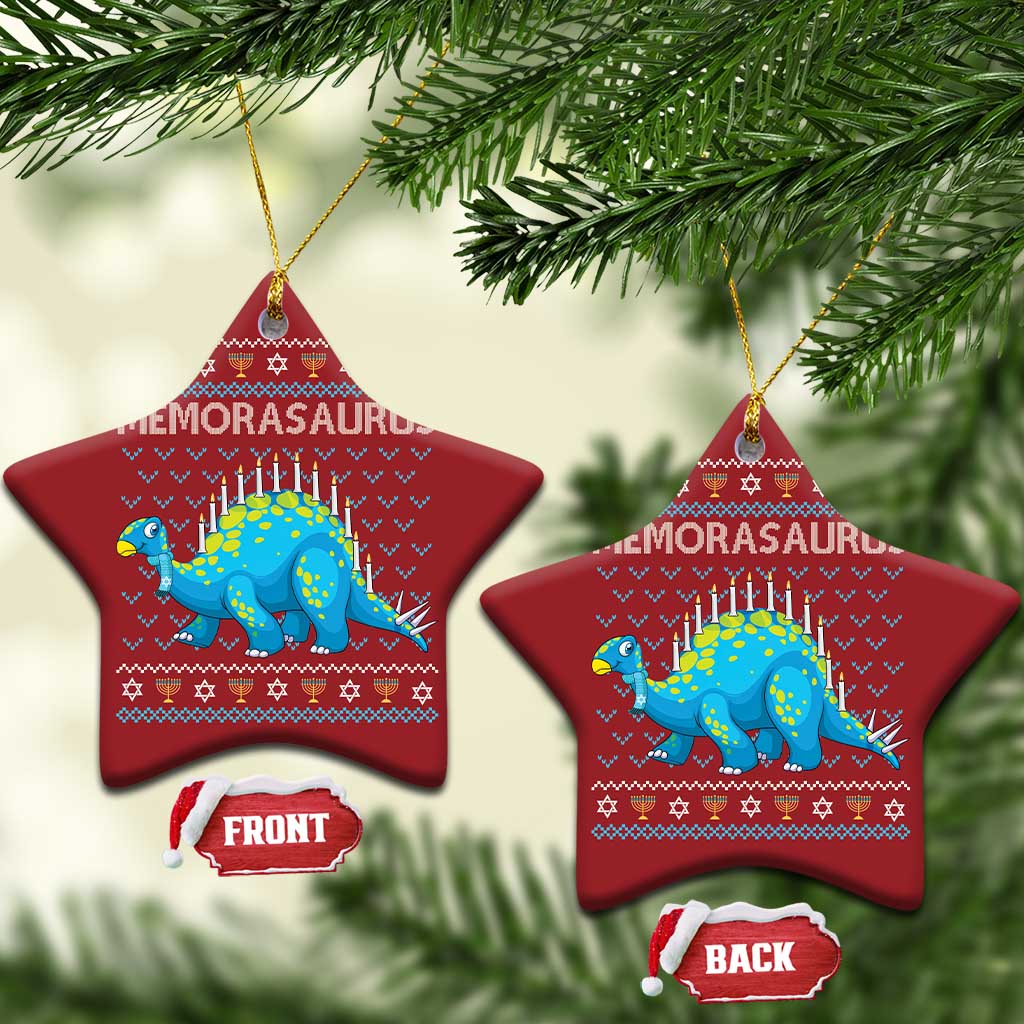Red star-shaped Menorasaurus dinosaur ornament with menorah candles and holiday pattern